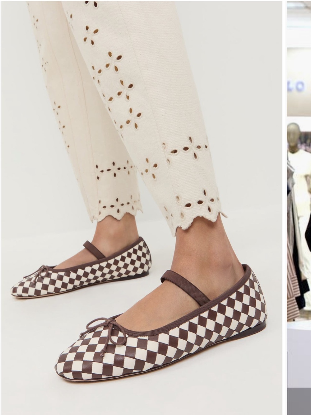 Women’s Leonie Mary Jane Brown & Cream Checker Ballet Flats with Bow - Picture 2 of 9